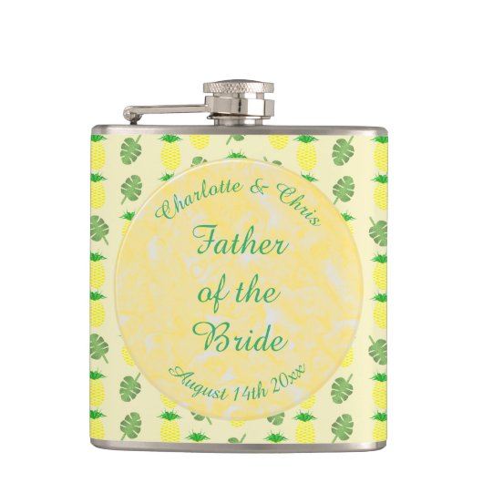 Tropische Sommerhochzeitpinienbäume und Palmen-Blä Flachmann (Vorderseite)