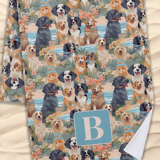 Tropische Sommerhunde Monogramm farbiges Muster Strandtuch
