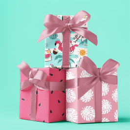 Tropische Sommerkatzen Pastellrosa Set von 3 Geschenkpapier Set