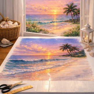 Tropische Sonnenaufgang Strand Wasserfarben Kunst Seidenpapier