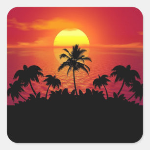 Tropische Sonnenuntergangs-Palmen Silhouette Stran Quadratischer Aufkleber