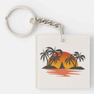 Tropische Sonnenuntergangs-Silhouette Palmen Insel Schlüsselanhänger
