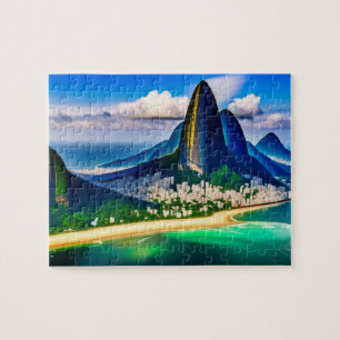 Tropische Stadtlandschaft mit Bergen und Strand Puzzle