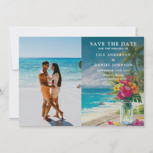 Tropische Strand-Blumen-Mason-Jar-Hochzeitsfoto Save The Date