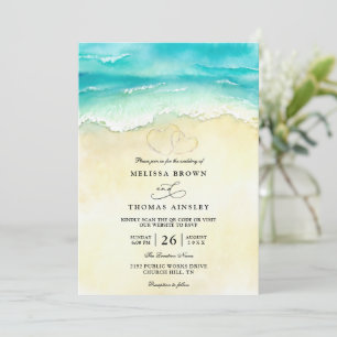 Tropische Strand Herz Wasserfarbe QR-Code Hochzeit Einladung