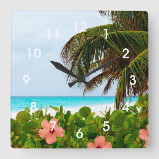 Tropische Strand-Hibiskus-Palme-Wand-Uhr Quadratische Wanduhr (Vorderseite)
