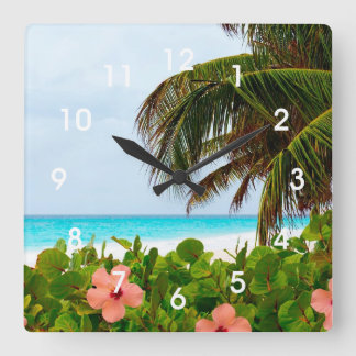 Tropische Strand-Hibiskus-Palme-Wand-Uhr Quadratische Wanduhr