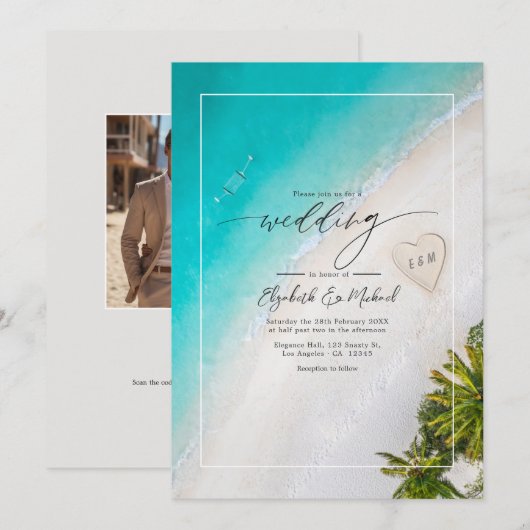 Tropische Strand-Monogramm-Hochzeitsfoto und QR-Co Einladung (Vorne/Hinten)
