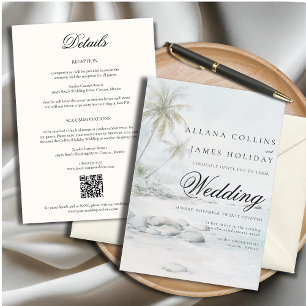 Tropische Strand-Palm-Wasserfarben-Hochzeitseinlad Einladung