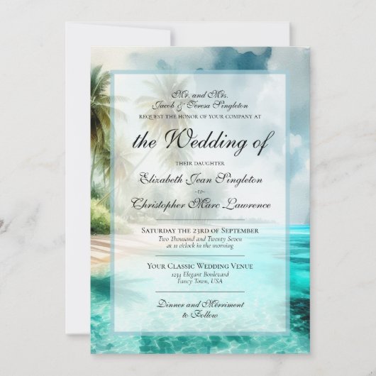 Tropische Strand- & Palmen-Hochzeit im klassischen Einladung (Vorderseite)