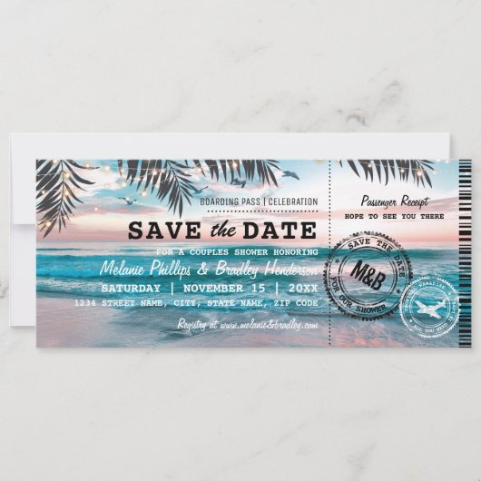 Tropische Strand-Save-the-Date-Party für Paare Save The Date (Vorderseite)