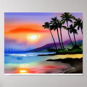Tropische Strand Szene Wasserfarben Poster