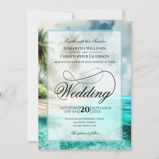 Tropische Strand-Wasserfarbe-Fancy-Script-Hochzeit Einladung (Vorderseite)