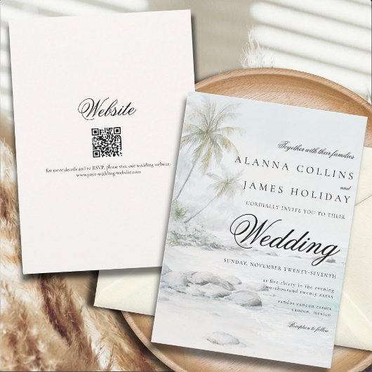 Tropische Strand-Wasserfarben-Palmbaum-Hochzeit Einladung