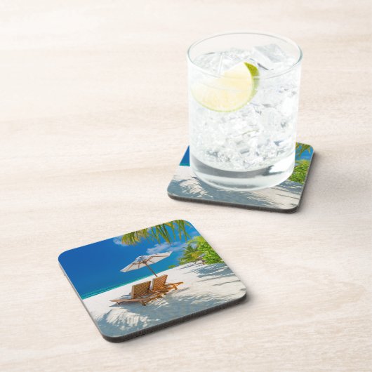 Tropische Strände | Lounge Chairs Beach, Bora Bora Getränkeuntersetzer (Rechte Seite)