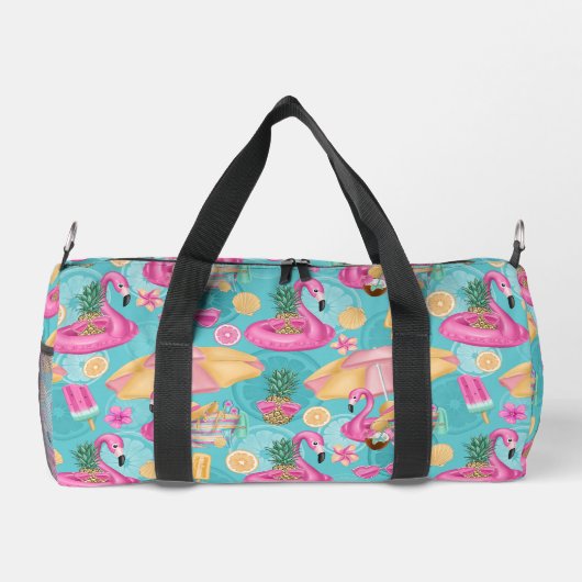 Tropische Strandelemente rosa Flamingo Muster Duffle Bag (Rückseite)