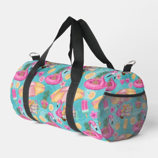 Tropische Strandelemente rosa Flamingo Muster Duffle Bag (Rechte Ecke)