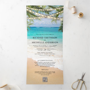 Tropische Strandgirlanden Hochzeit QR-Code Dreifach Gefaltete Einladung