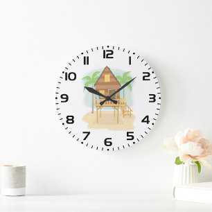 Tropische Strandhütte Surfboards und Palmen Große Wanduhr