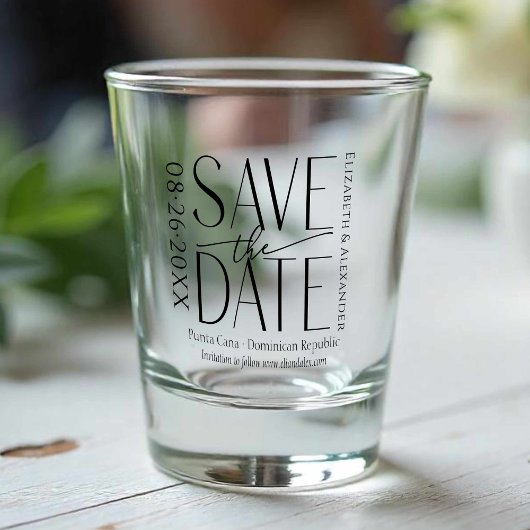 Tropische Strandkalligrafie-Hochzeit rettet das Da Schnapsglas