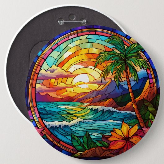 Tropische Strandklippen, Buntglaskunst Button (Vorne & Hinten)