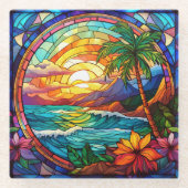 Tropische Strandklippen, Buntglaskunst Glasuntersetzer (Vorderseite)
