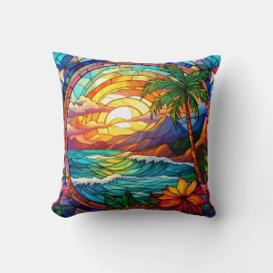 Tropische Strandklippen, Buntglaskunst Kissen