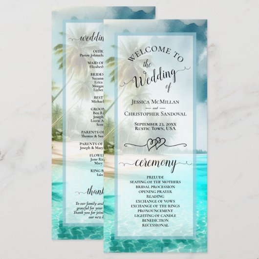 Tropische Strandküstenpalmen Elegante Hochzeit Programm (Vorne/Hinten)
