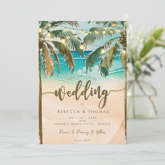 Tropische Strandlampen Moderne Hochzeitseinladung Einladung (Stehend Vorderseite)