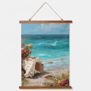 Tropische Strandmuschel Türkis Ozean Kunst Wandteppich Mit Holzrahmen