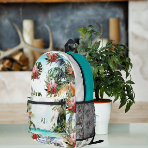 Tropische Strandpalme Floral   Monogramm Bedruckter Rucksack