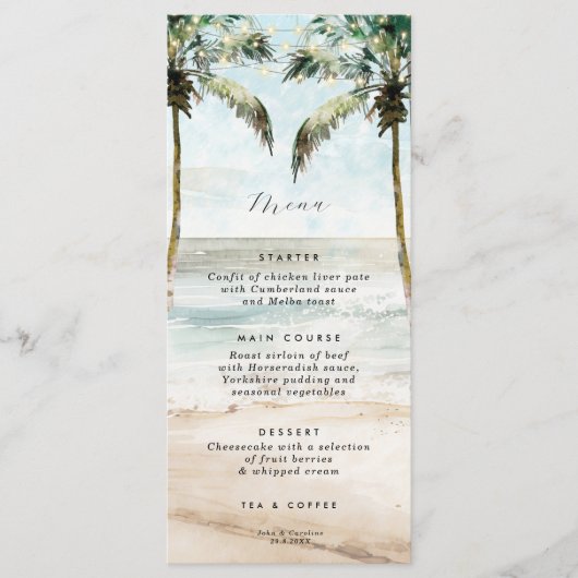 Tropische Strandpalmen beleuchten Hochzeitskarte Menükarte (Vorderseite)