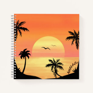 Tropische Strandsonnenuntergang Palmenbaum Silhoue Notizblock