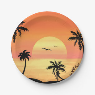 Tropische Strandsonnenuntergangs-Palmenbaum-Silhou Pappteller