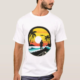 Tropische Strandsonnenuntergangs-Silhouette Retro- T-Shirt