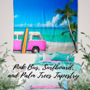 Tropische Strandszene Fuchsia Rosa Van & Surfboard Wandteppich