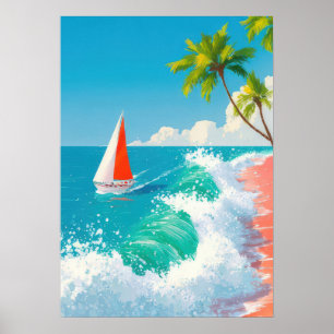 tropische Strandszene mit Segelboot und Wellen Poster