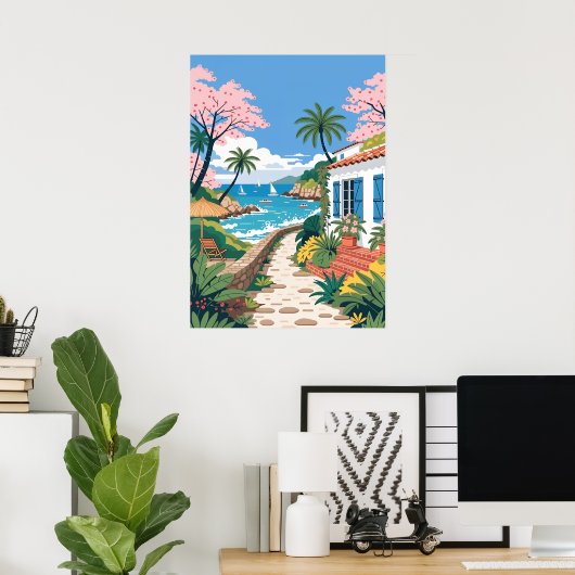 Tropische Strandvilla mit Booten Poster (Heimbüro)