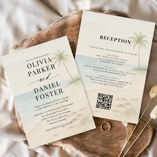 Tropische Strandziel-QR-Code-Hochzeit Einladung