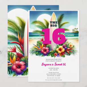 Tropische Surfbrett Poolparty Sweet 16 Einladung