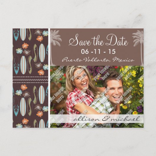 Tropische Surfbretter und Hibiskus Ankündigungspostkarte (Vorderseite)