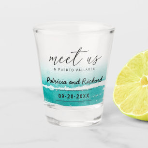 Tropische Teal-Ziel-Hochzeit - Save the Date Schnapsglas