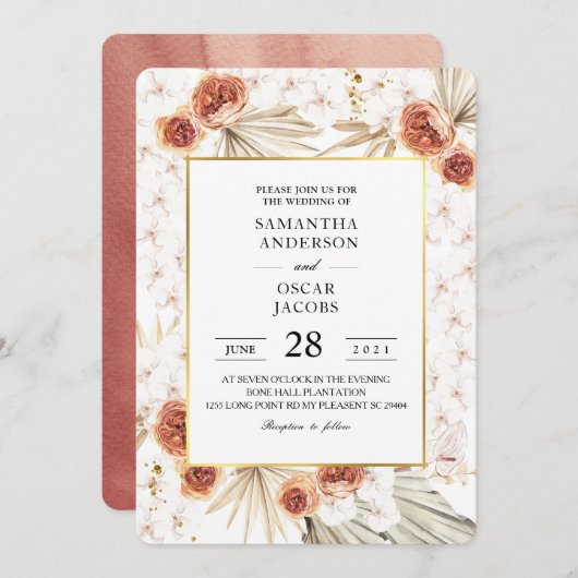 Tropische Terracotta-Gestricke aus Palmblättern un Einladung (Vorne/Hinten)