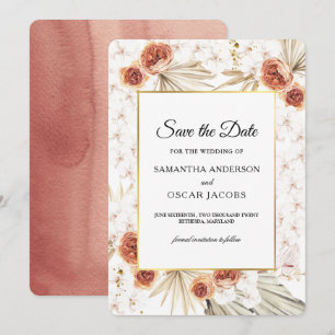 Tropische Terracotta-Gestricke aus Palmblättern un Save The Date