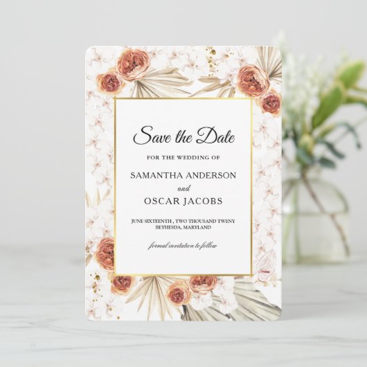 Tropische Terrakotta-getrocknete Blüte Save The Date (Stehend Vorderseite)