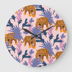 Tropische Tiger-Dschungel-Vintage-Muster Große Wanduhr
