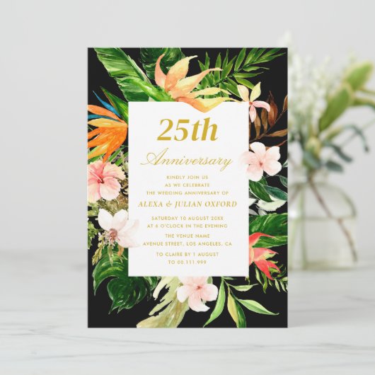 tropische Vegetation Blumen 25. Hochzeitstag Einladung (Stehend Vorderseite)