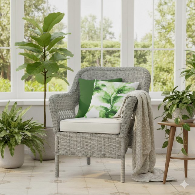 Tropische Vegetation Botanisches Wasserfarbenblatt Kissen (Green and white bright leafy cushion.)