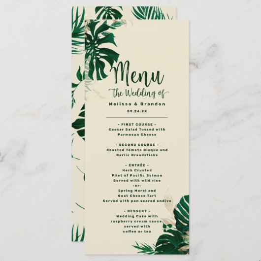 Tropische Vegetation & Foliage Modernes Hochzeitsf Menükarte (Vorne/Hinten)