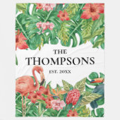 Tropische Vegetation Foliage Pink Flamingo Familie Fleecedecke (Vorderseite)